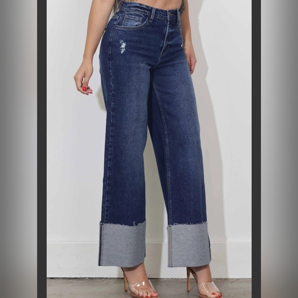 #068 🛑1,3,5,7,9 NEW! BOHO, MOST FABULOUS, CHIC, SEXY Cuff Up Wide Leg Jeans - Picture 5 of 6
